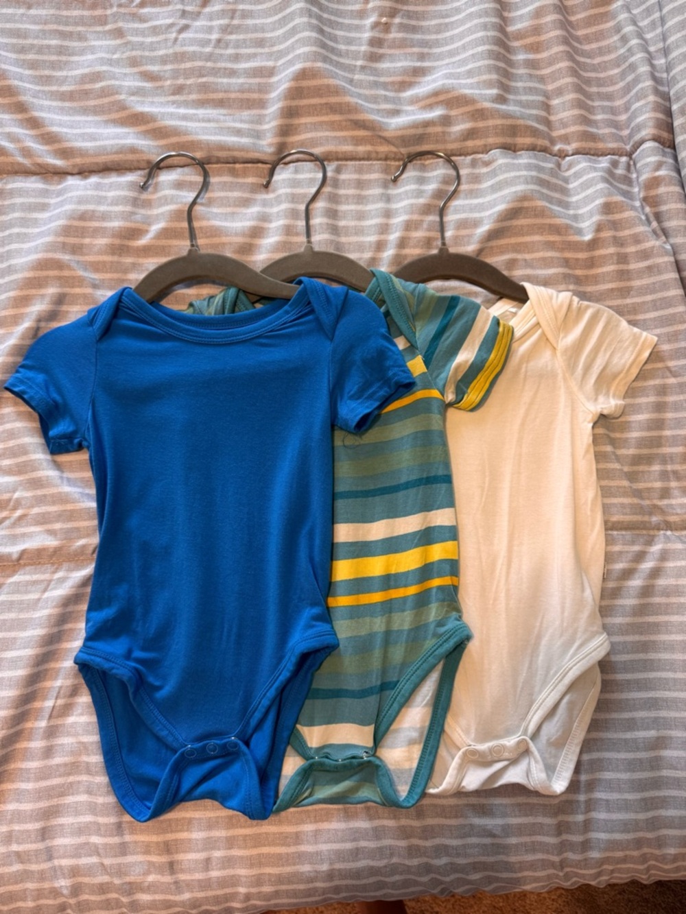 Little Sleepies Blue, Teal-Striped & White Short-Sleeve One-Piece Bodysuits